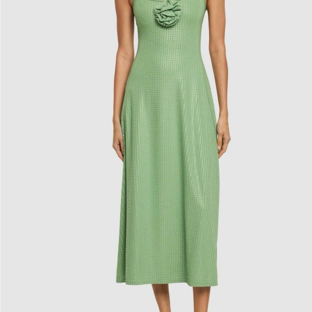 WeWoreWhat Sage Green Sleeveless Midi Dress with Rosette